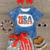"USA" Stars & Stripes Distressed Denim Short Set -Children's boutique clothing usa stars stripes distressed denim short set outfit sparkle in pink 29149801480266