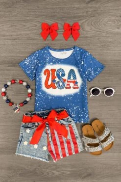 "USA" Stars & Stripes Distressed Denim Short Set