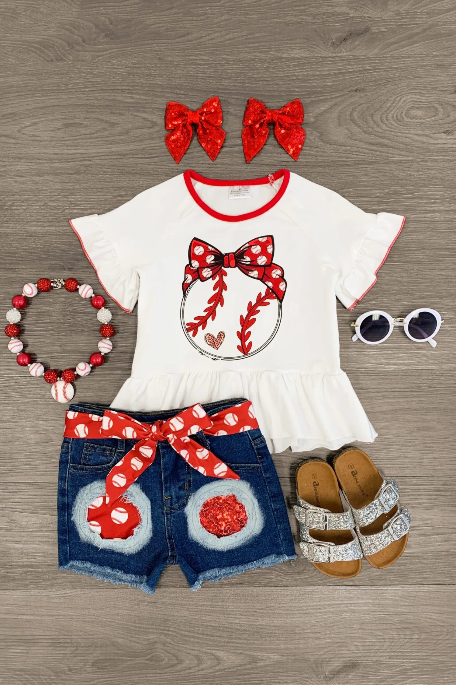 White Baseball Sequin Denim Short Set 3 White Baseball Sequin Denim Short Set