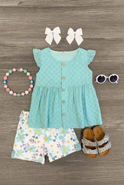 White & Blue Lace Floral Short Set