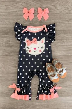 White Kitten Polka Dot Romper