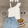 White Lace One Shoulder Denim Short Set