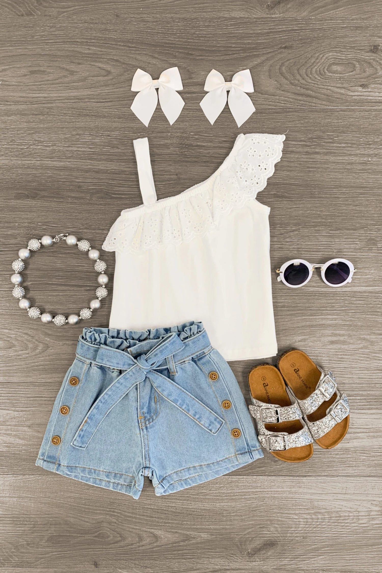 White Lace One Shoulder Denim Short Set 3 White Lace One Shoulder Denim Short Set